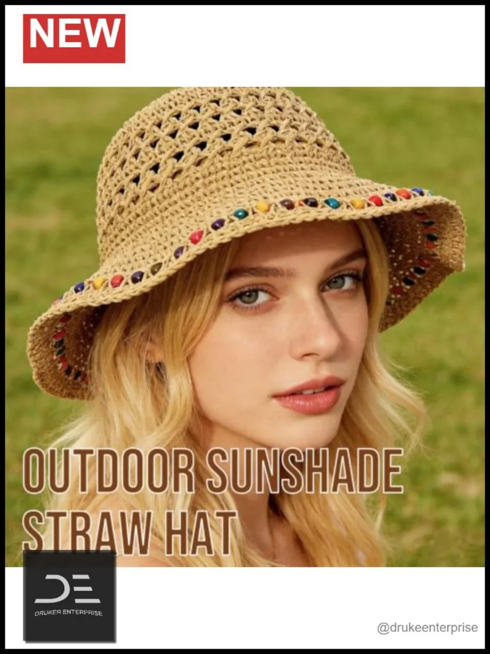 Wide Brim Straw Sun Hat with Rainbow Beaded Strap Packable for Travel